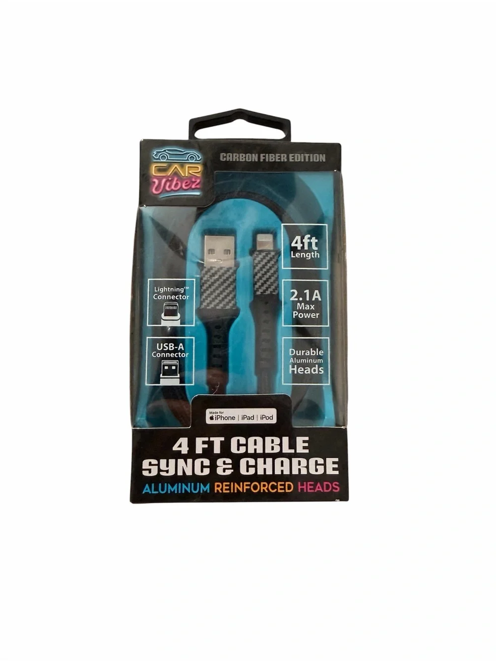 Car Vibez 4FT Lightning USB-A iPhone Charging Cable Carbon Fiber MFi